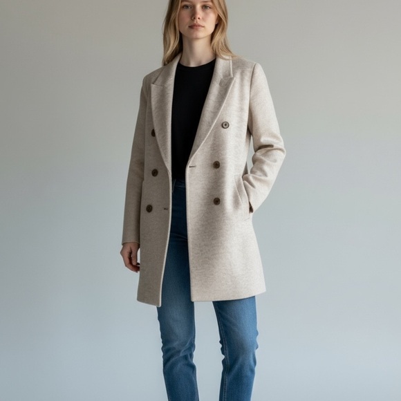 Zara Double Breasted Boucle Neutral Oatmeal Beige Peacoat Jacket Size Womens XS - Picture 3 of 14